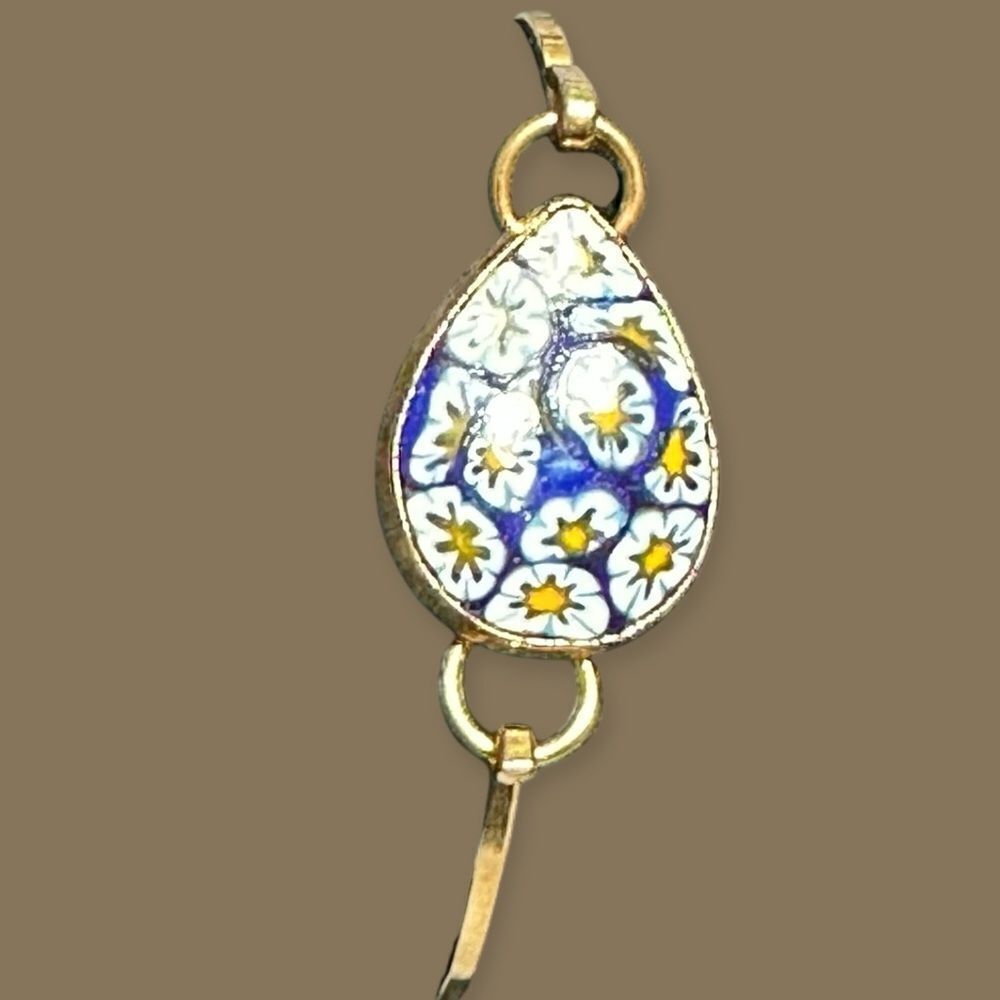 Blue Floral Mille Fiori Enamel and Gold tone Bracelet Bangle - Picture 3 of 13